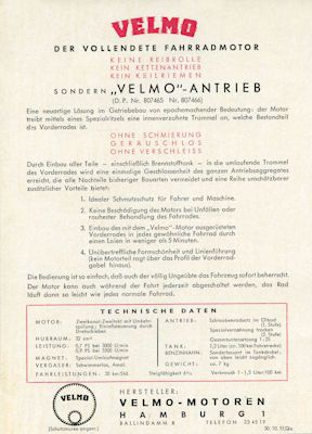 Velmo bicycle-motor brochure 10.1951