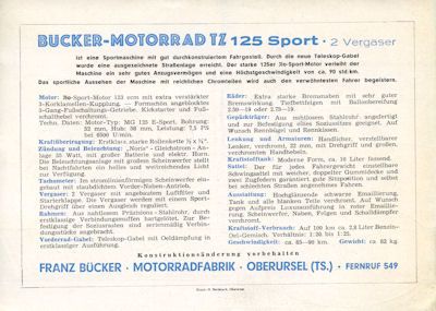 Bücker TZ 125 Sport brochure ca. 1950