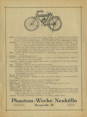 Phantom Stabil Fahrrad Prospekt ca. 1921