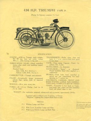 Triumph 494 ccm Type P Prospekt ca. 1927
