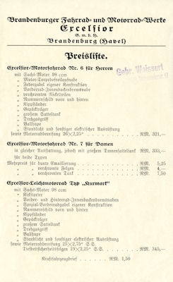 Excelsior Preisliste ca. 1935