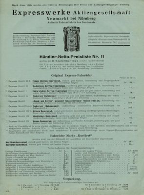 Express Fahrrad Preisliste 9.1927