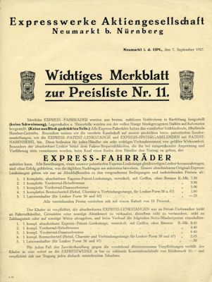 Express Fahrrad Preisliste 9.1927
