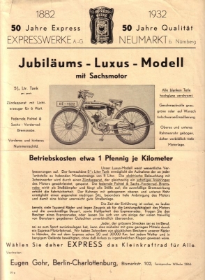 Express Jubiläums Luxus Modell 74ccm Prospekt 1932