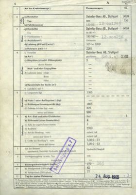 Mercedes Benz 230 (M180VI) Original Fahrzeugbrief 1965