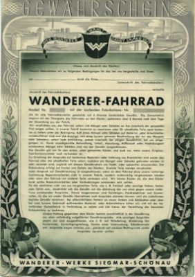 Wanderer Fahrrad Gewährschein 11.1937