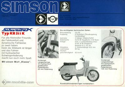 Simson Kleinroller Schwalbe K Prospekt 1974