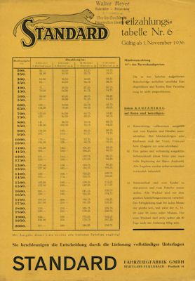 Standard Teilzahltabelle Preisliste 1.11.1936