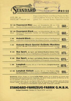 Standard Preisliste 1.1.1935