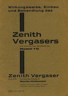 Zenith Vergaser Modell TD 9.1929