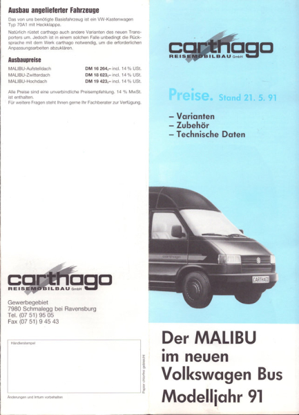 VW T 4 Carthago Malibu Preisliste 5.1991