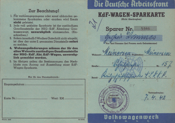 VW KdF-Wagen Sparkarte blau 1942