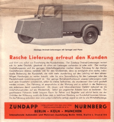 Zündapp Dreirad-Lieferwagen Prospekt 1933