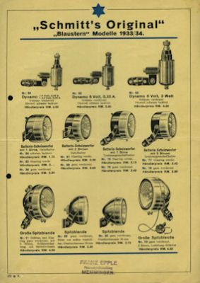 Schmitt Fahrradlampen Prospekt ca. 1933