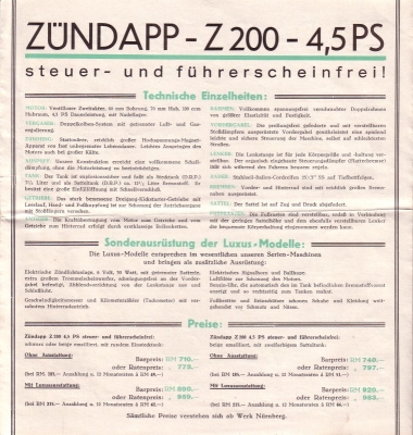 Zündapp Z 200 und Z 300 Prospekt 1929