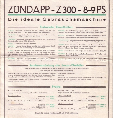 Zündapp Z 200 und Z 300 Prospekt 1929