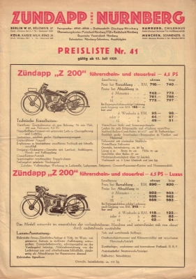 Zündapp Preisliste Nr.41 7.1929