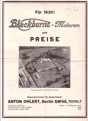 Blackburne motor and pricelist brochure 1930