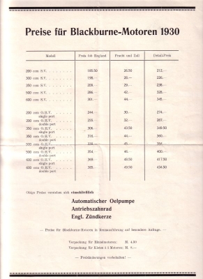 Blackburne motor and pricelist brochure 1930