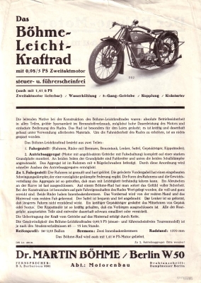 Böhme Leichtkraftrad Prospekt 1928