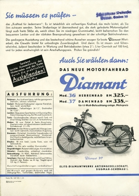 Diamant Motorfahrrad Modell 36 Prospekt 1.1937