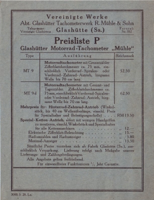 Mühle Tachometer Prospekt 1928