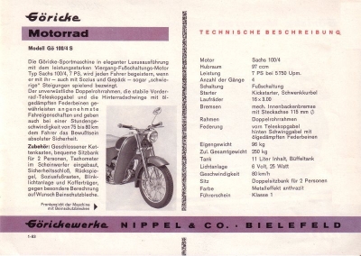 Göricke Motorrad Modell Gö100/4S Prospekt 1964