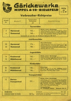 Göricke Preisliste 8.1949