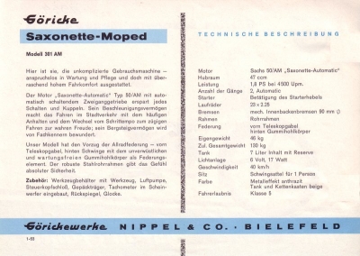 Göricke Saxonette-Moped Modell 301 AM Prospekt 1964