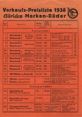 Göricke Preisliste 1938
