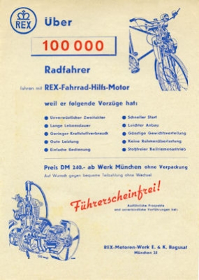 Rex-Fahrrad-Hilfs-Motor Prospekt ca. 1953