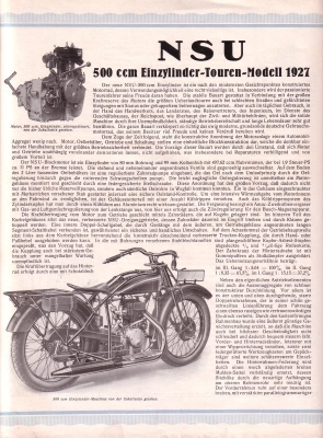 NSU 500 ccm Einzylinder Touren-Modell Prospekt 1927