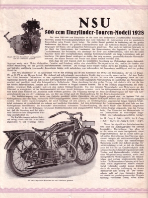 NSU 500 ccm Einzylinder Touren Modell Prospekt 1928