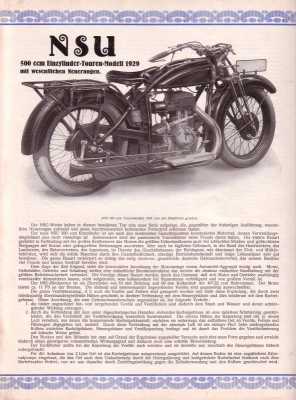 NSU 500ccm Einzylinder Touren Modell Prospekt 1929