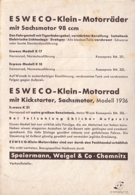 Esweco Klein-Motorrad Prospekt 1936