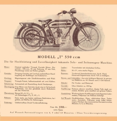 Triumph Modell T 550ccm 16PS Prospekt 1927