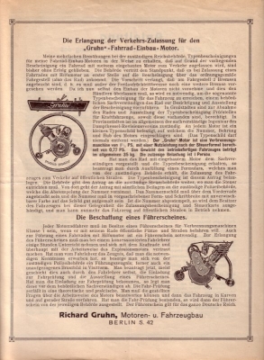 Gruhn Fahrrad-Einbau-Motor Prospekt 1914-1918