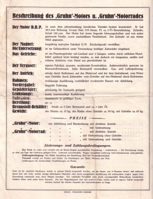 Gruhn 196 ccm Motorrad Prospekt 1925
