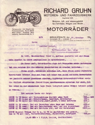 Gruhn Schreiben mit Preisen 1924