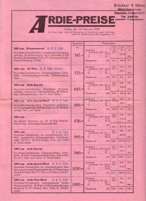Ardie Preisliste 1934