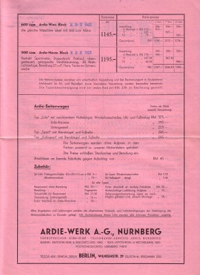 Ardie Preisliste 1934