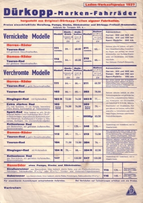 Dürkopp Fahrrad Preisliste 1937