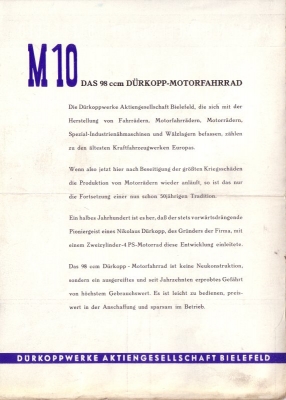 Dürkopp Motorfahrrad M 10 Prospekt ca.1949