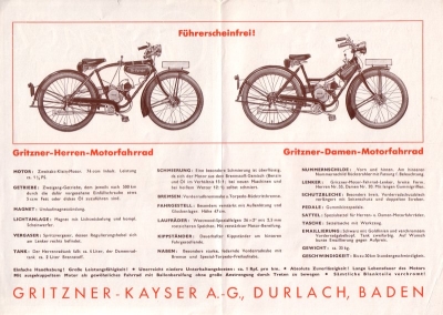 Gritzner motorcycle brochure ca. 1931