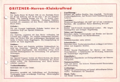 Gritzner Kleinkraftrad Prospekt 1938