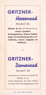 Gritzner Fahrrad Prospekt 1950/60er Jahre