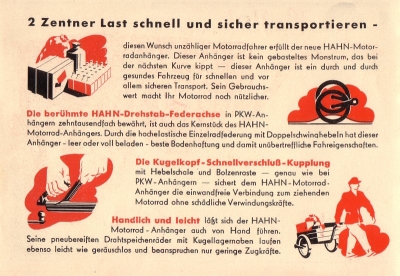 Hahn Kraftrad-Anhänger Prospekt 1950er Jahre