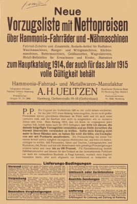 Hammonia Preisliste Fahrräder 1915