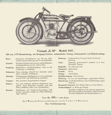 Triumph K III Prospekt Modell 1927