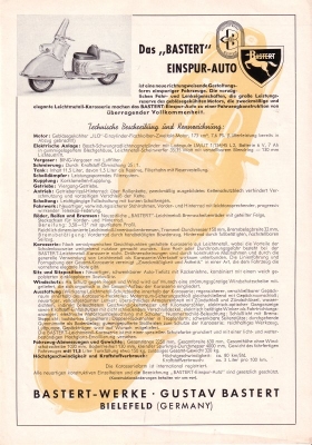 Bastert Einspurauto Prospekt 1952